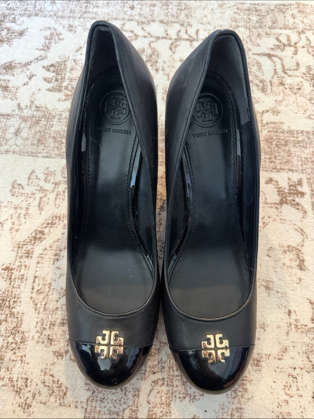 Tory Burch Black Leather Wedges with Gold Logo Cap Toe